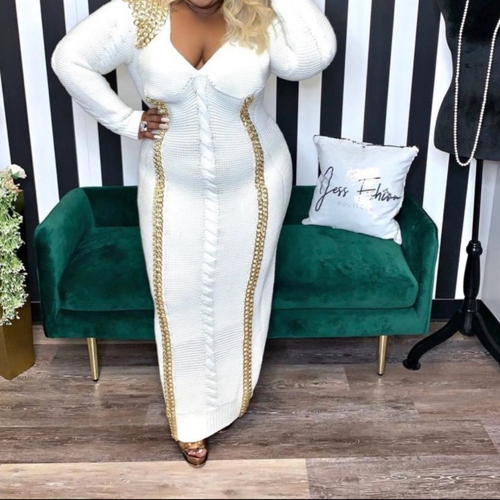 L'ATISTE Cream and Gold Long Sleeve Dress - Picture 4 of 12
